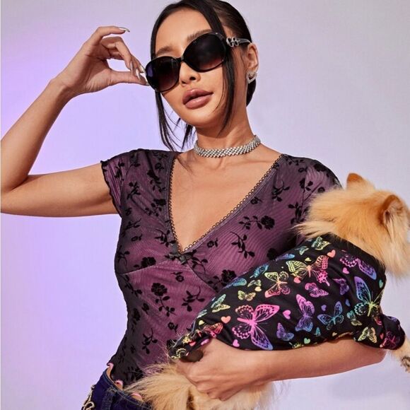 SHEIN ICON 90s Floral Print Bow Front Lettuce Trim Crop Mesh Tee Y2K XL - Picture 2 of 12